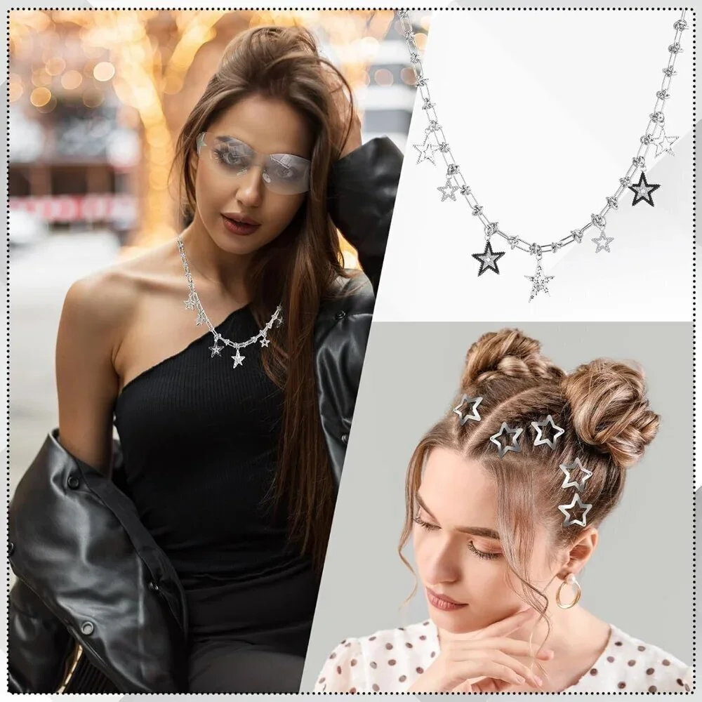 Y2K Silver Necklace Set with Star Bracelets Sunglasses Hair Clips for Women